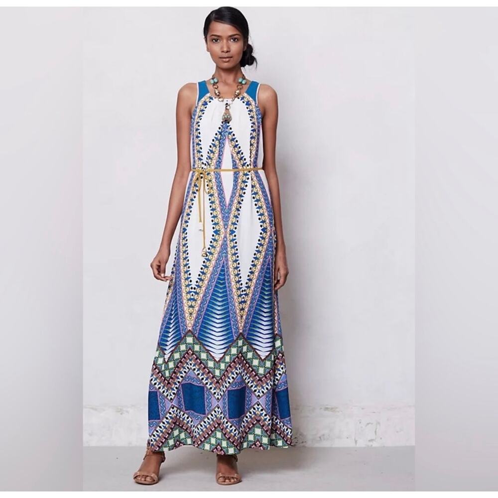 Anthropologie Maeve Pakpao Geometric Belted Maxi Dress Pockets Size 4